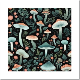 Magic Mushrooms Night Garden Seamless Pattern Posters and Art